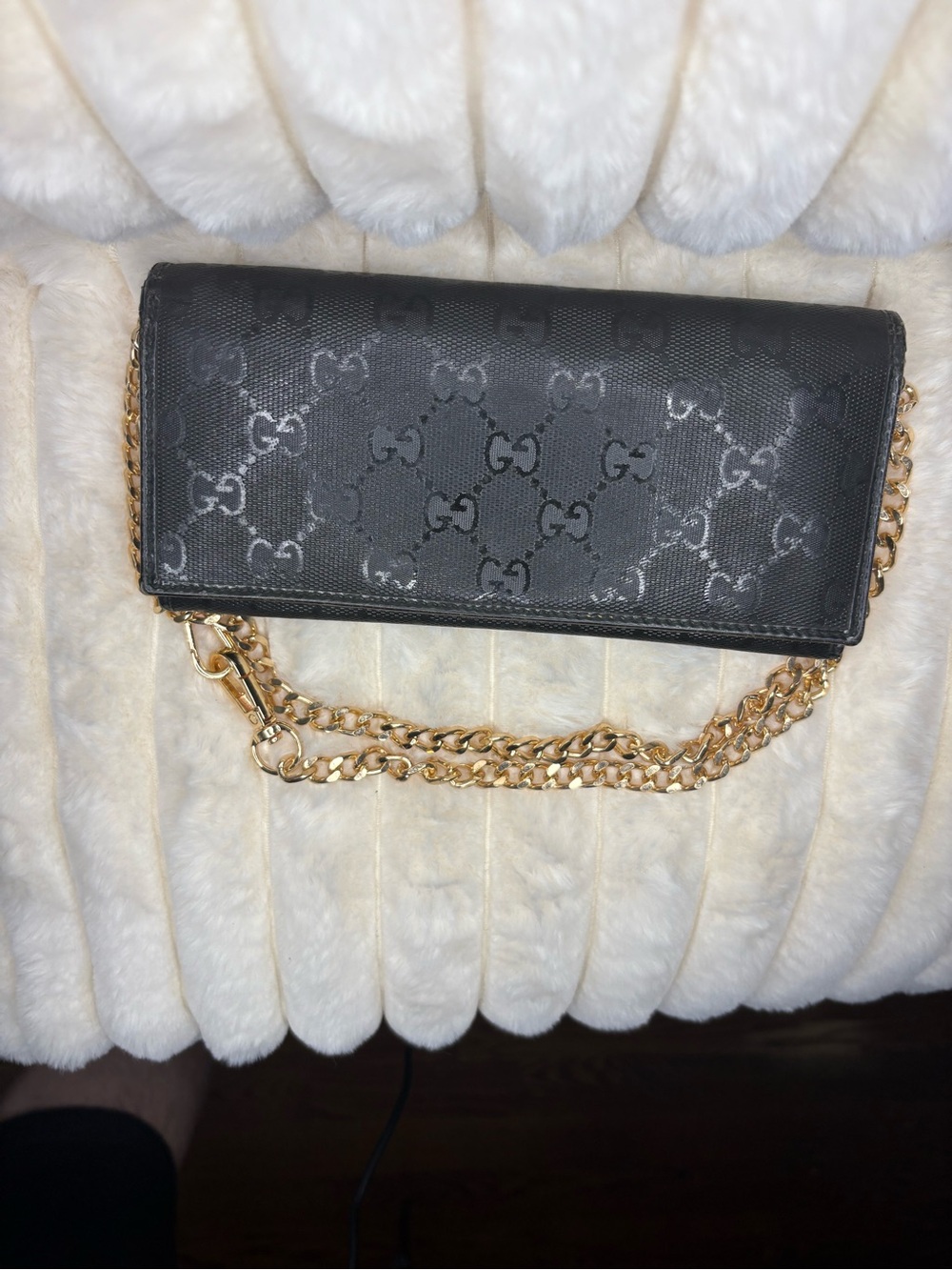Authentic Gucci GG Monogram Long Wallet Black Canvas Gold Chain Clutch Italy